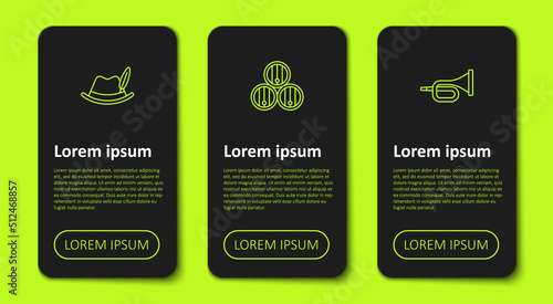 Set line Oktoberfest hat, Wooden barrel and Trumpet. Business infographic template. Vector