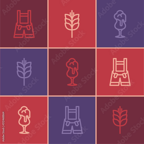 Set line Lederhosen, Glass of beer and Wheat icon. Vector