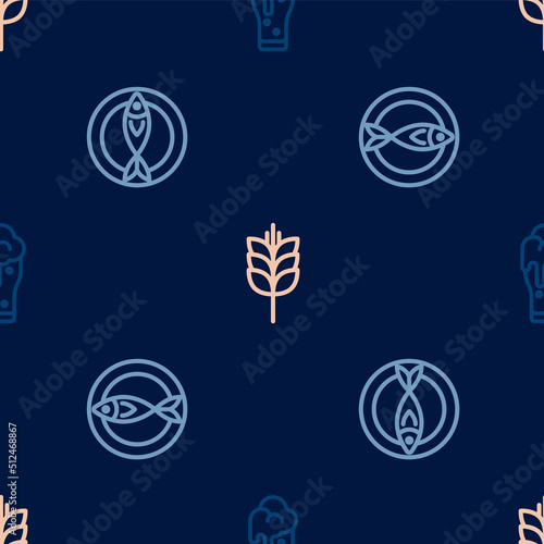 Set line Glass of beer, Dried fish and Wheat on seamless pattern. Vector