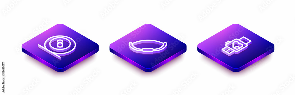 Set Isometric line Billiard pool snooker ball, Medieval bow and Smart watch with heart icon. Vector Set Isometric line Billiard pool snooker ball, Medieval bow and Smart watch with heart icon. Vector