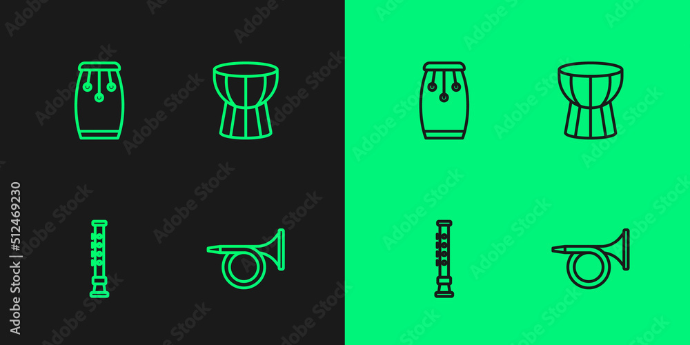 Set line Trumpet, Flute, Conga drums and African darbuka icon. Vector Set line Trumpet, Flute, Conga drums and African darbuka icon. Vector