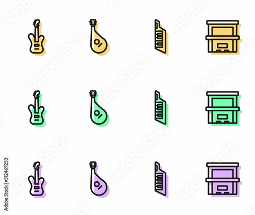 Set line Keytar, Electric bass guitar, Bandura and Piano icon. Vector