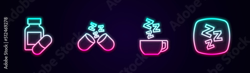 Set line Sleeping pill, Chamomile tea and Sleepy. Glowing neon icon. Vector
