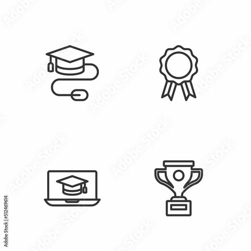 Set line Award cup, Graduation cap on laptop, with mouse and Online education diploma icon. Vector