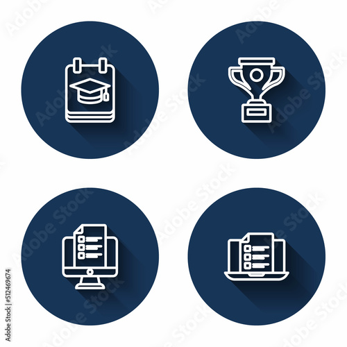 Set line Online education, Award cup, quiz, test, survey and with long shadow. Blue circle button. Vector