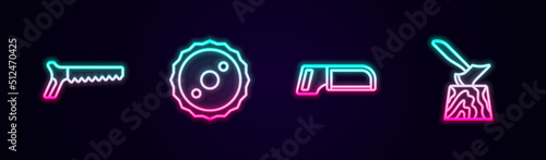 Set line Hand saw, Circular blade, Hacksaw and Wooden axe in stump. Glowing neon icon. Vector