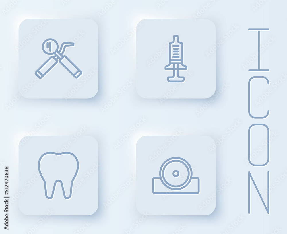 Set line Dental mirror and probe, Syringe, Tooth and Otolaryngological head reflector. White square button. Vector Set line Dental mirror and probe, Syringe, Tooth and Otolaryngological head reflector. White square button. Vector