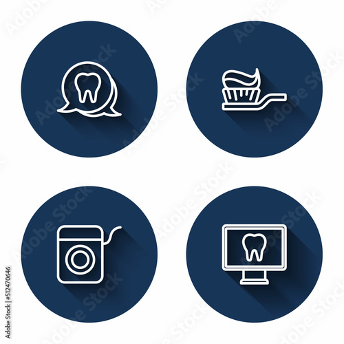 Set line Tooth, Toothbrush with toothpaste, Dental floss and Online dental care with long shadow. Blue circle button. Vector