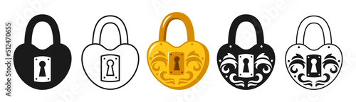Lock heart shaped golden old icon set. Metal cartoon shiny locks for logo, game, web or app locking privacy encryption sign. Padlock for safety security vintage symbol protection design element