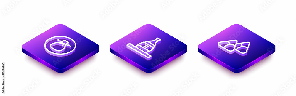Set Isometric line Wonton, Bottle of sake and Zongzi in bamboo steamer icon. Vector Set Isometric line Wonton, Bottle of sake and Zongzi in bamboo steamer icon. Vector