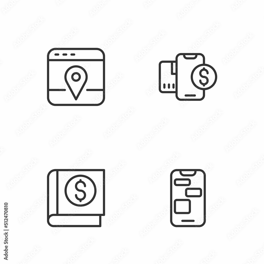 Set line Mobile 24 hours support, Financial book, Infographic of city map and with dollar icon. Vector Set line Mobile 24 hours support, Financial book, Infographic of city map and with dollar icon. Vector
