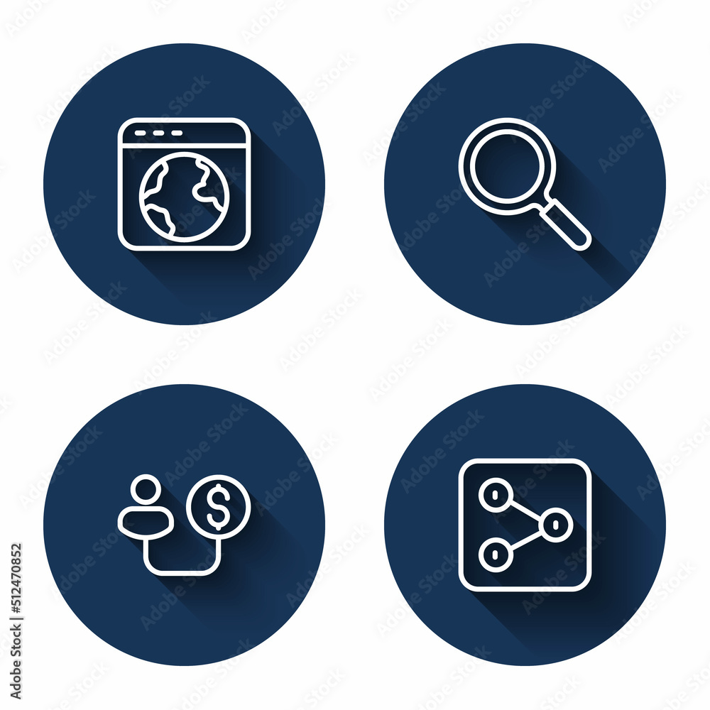 Set line Worldwide, Magnifying glass, Human and money and Share with long shadow. Blue circle button. Vector Set line Worldwide, Magnifying glass, Human and money and Share with long shadow. Blue circle button. Vector