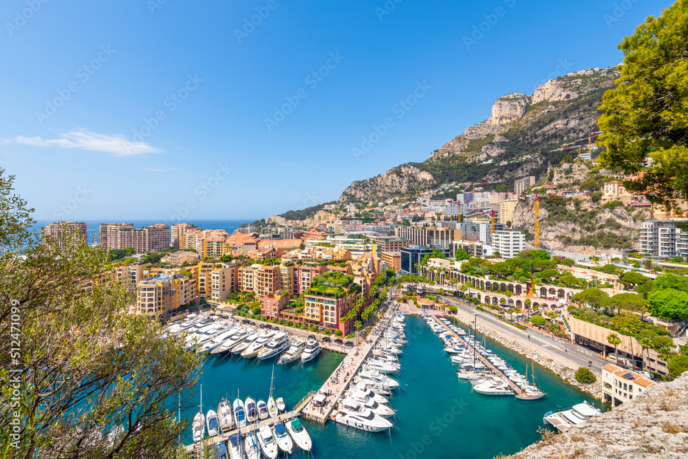 View of the Mediterranean Sea, the marina, port, cities of Monte Carlo and Fontvieille harbor from near the Palace on the Rock.