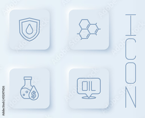 Set line Oil drop on shield, Molecule oil, petrol test tube and Word. White square button. Vector