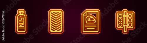 Set line Nitrous oxide, Car tire wheel, Racing helmet and traffic light. Glowing neon icon. Vector