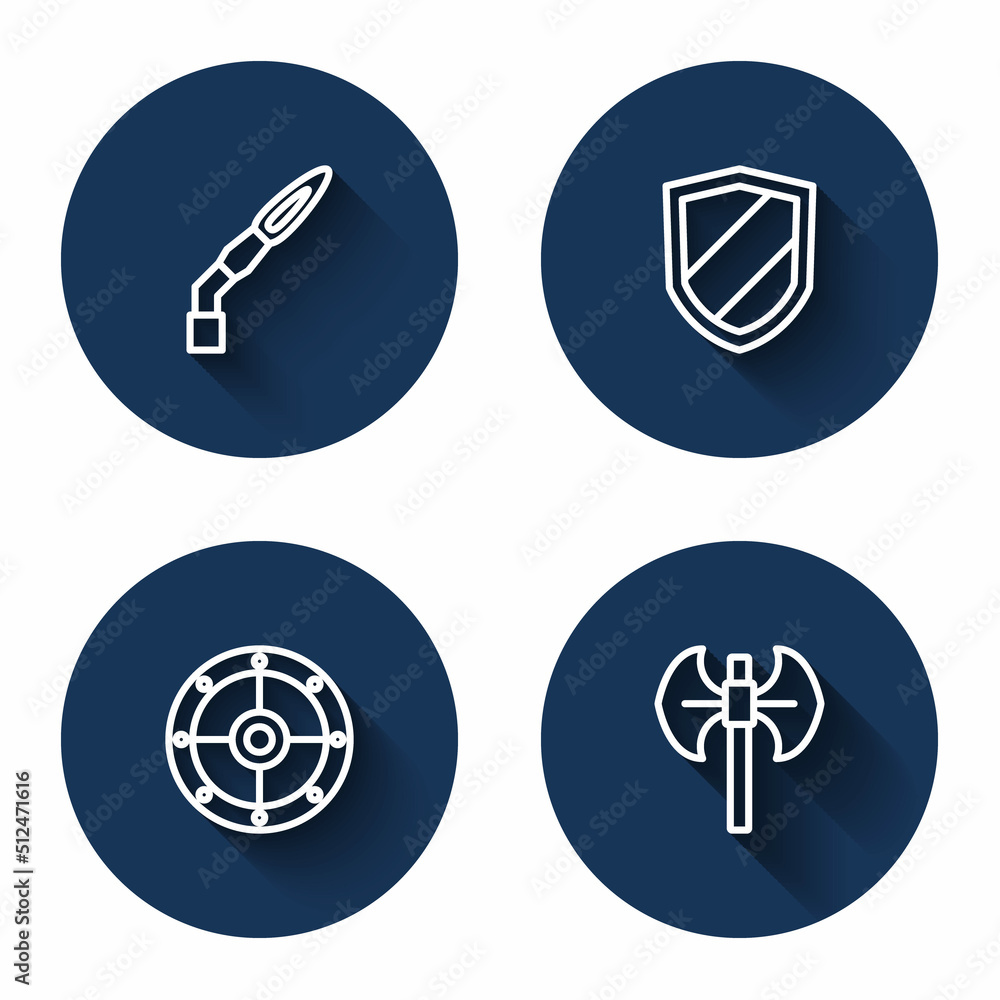 Set line Welding torch, Shield, Round shield and Medieval poleaxe with long shadow. Blue circle button. Vector Set line Welding torch, Shield, Round shield and Medieval poleaxe with long shadow. Blue circle button. Vector