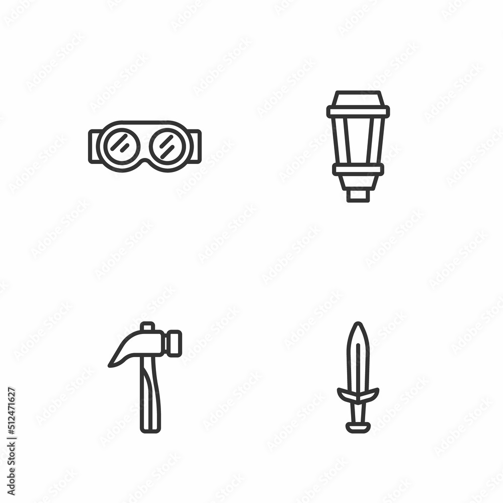 Set line Medieval sword, Hammer, Welding glasses and Garden light lamp icon. Vector
