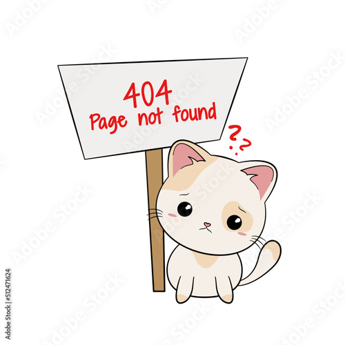 Błąd 404 - strona nie znaleziona. Smutny, zmartwiony kot i baner z napisem. Ilustracja z informacją "404 Page not found".