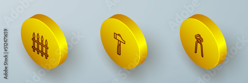 Set Isometric line Classic iron fence, Hammer and Blacksmith pliers tool icon. Vector