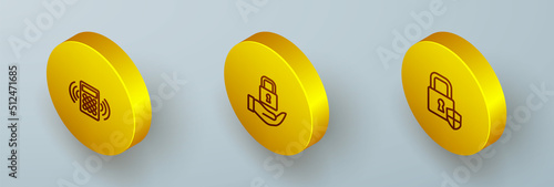 Set Isometric line Security keypad access panel, Lock and Shield security with lock icon. Vector