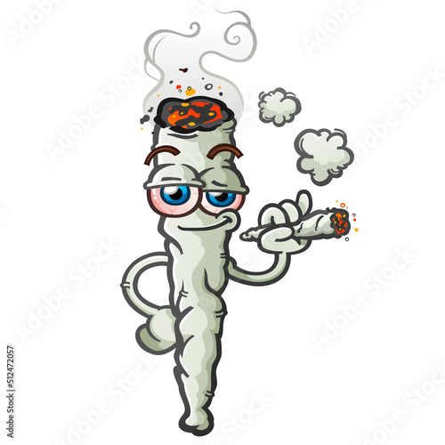 Fototapeta Naklejka Na Ścianę i Meble -  A large marijuana joint cartoon character smoking a small rolled doobie and puffing smoke