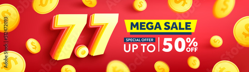 7.7 Shopping day Poster or banner with Number 7 and golden coins on red background.7 July Sales banner template design for social media and website.Special Offer Sale 50% Off campaign