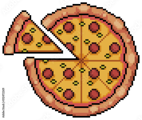 Pixel art pepperoni pizza with separate slice vector icon for 8bit game on white background
