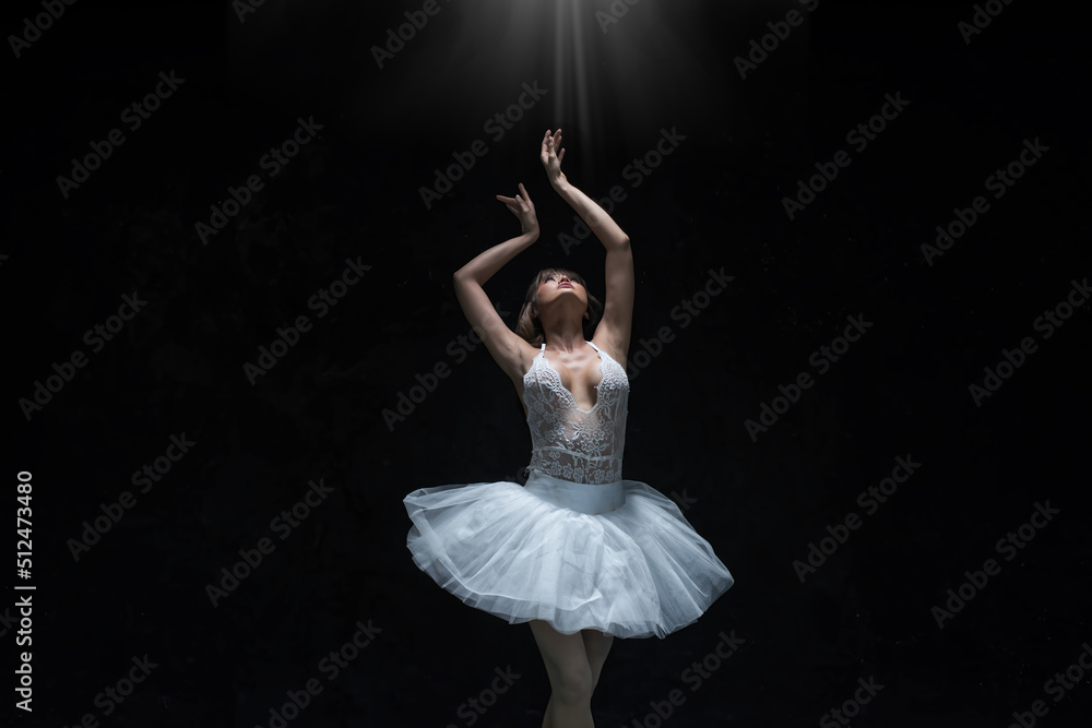 ballet dancer  on  floor . young ballerina with a perfect body is dancing in a photo studio, dancers are dressed in fashionable outfits, this picture is taken in minimal style, showing the beauty of c - obrazy, fototapety, plakaty 