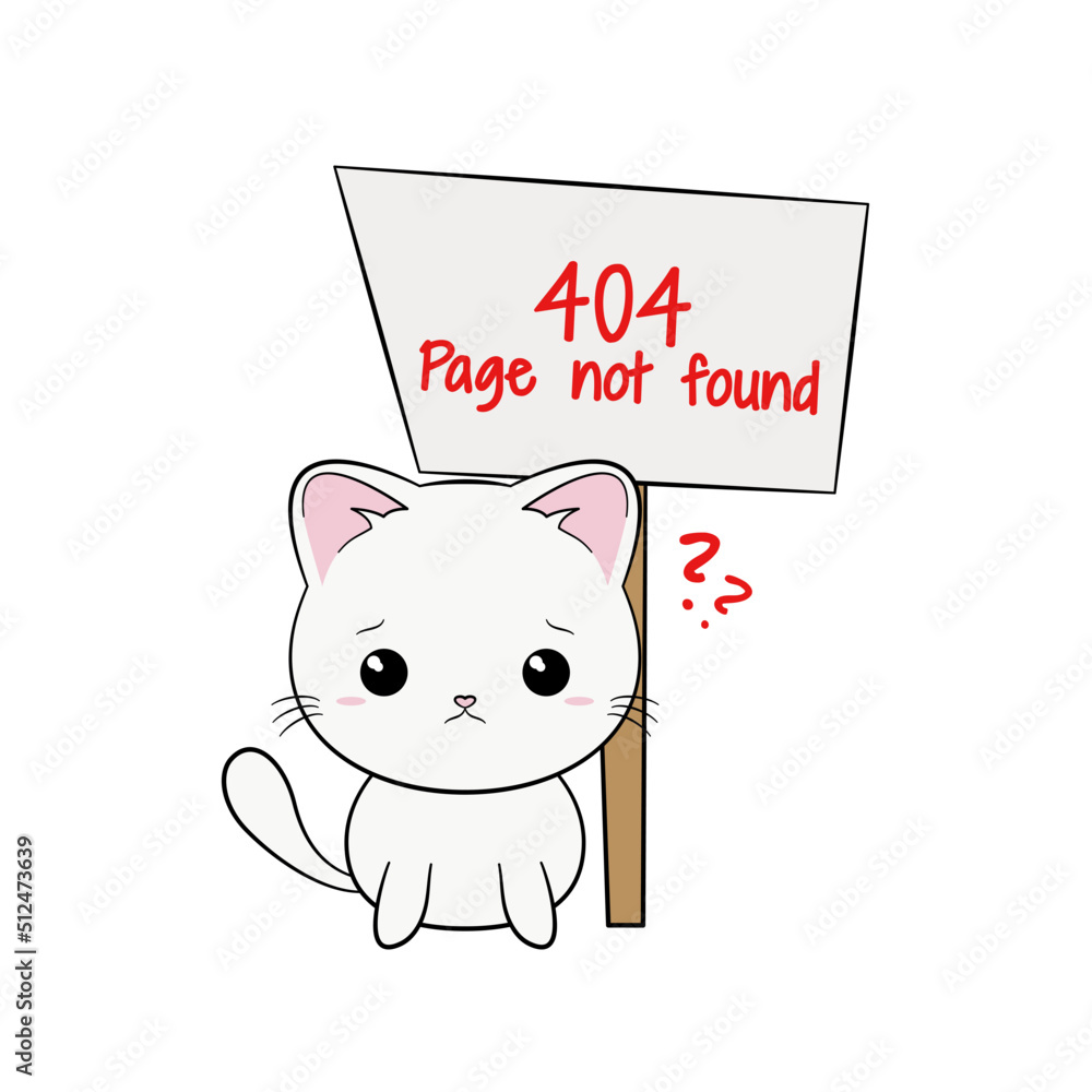Błąd 404 - strona nie znaleziona. Smutny, zmartwiony biały kot i baner z napisem. Ilustracja z informacją "404 Page not found". - obrazy, fototapety, plakaty 