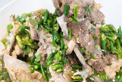 Close up shot of boiled leng zab and pork bone Thai food photo