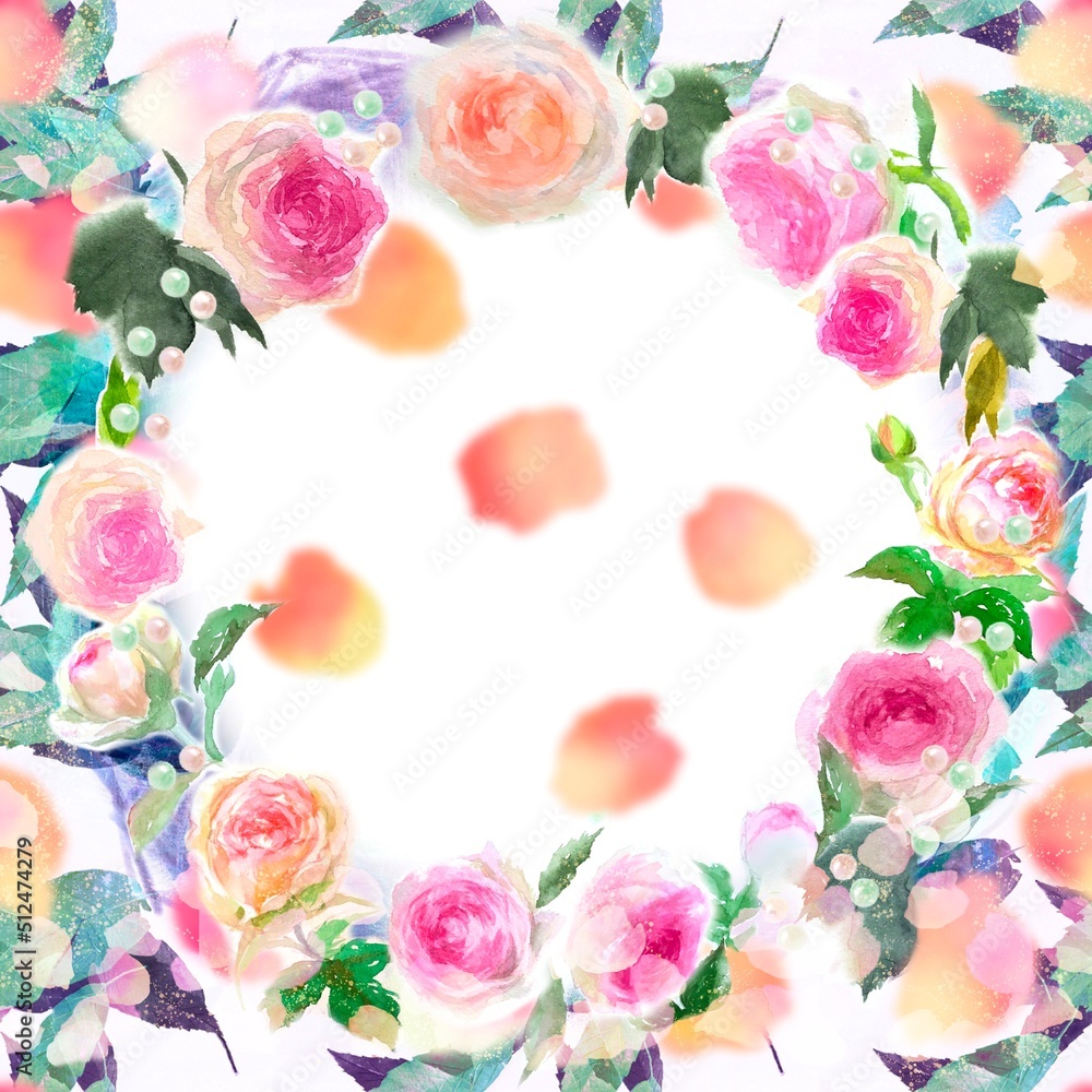 金粉が舞うピンクのバラのフラワーリース水彩画手描きイラストとカラフルな落ち葉が舞う白背景
金粉が舞うピンクのバラのフラワーリース水彩画手描きイラストとカラフルな落ち葉が舞う白背景
