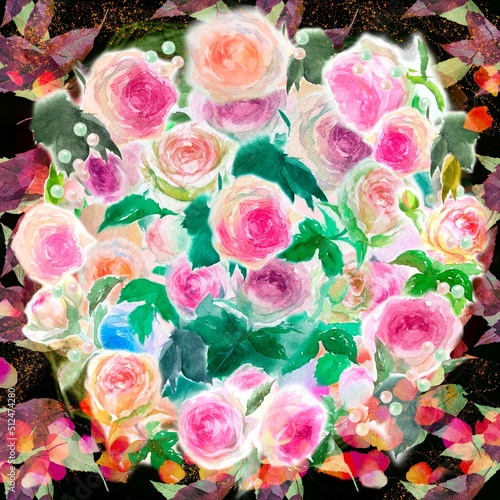 ピンクとオレンジ色のバラのピエールドロンサールの花束と金粉の水彩画手描きイラストと落ち葉が舞う黒背景   © NORIMA