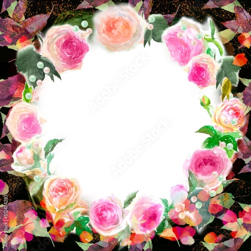 ピンクとオレンジ色のバラのピエールドロンサールの金粉が舞うピンクのバラのフラワーリース水彩画手描きイラストと落ち葉が舞う黒背景 