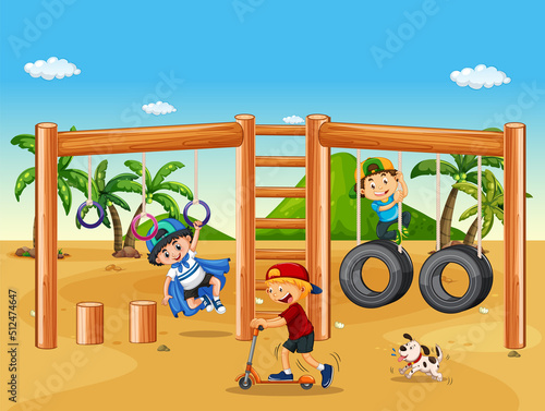 Beach playground with happy children