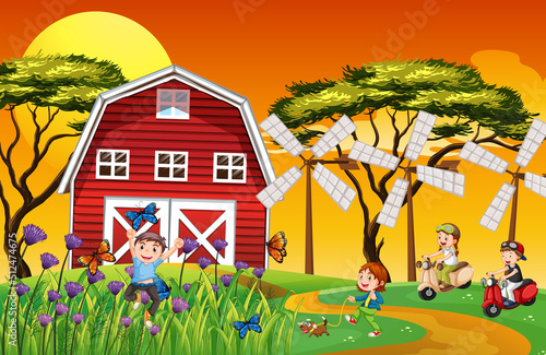 Happy kids in farm landscape