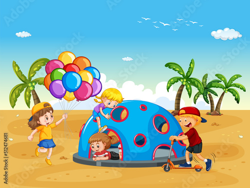 Beach playground with happy children