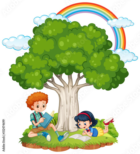 Children doing homework under the tree