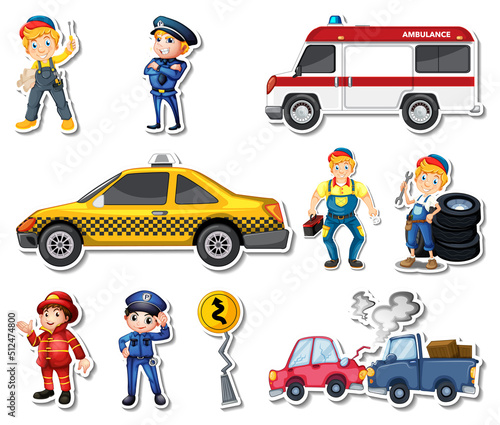 Sticker set of professions characters and objects