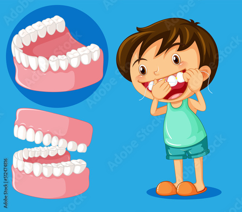 Cute boy cartoon character flossing teeth