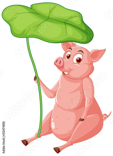 A pig holding leaf over its head
