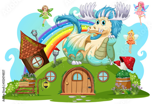 Fairies at hobbit house on white background