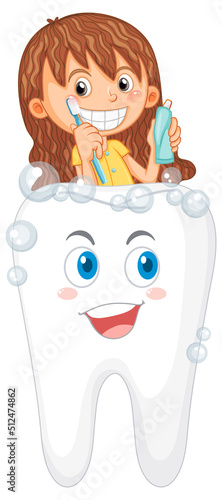 Cute girl cartoon character brushing teeth