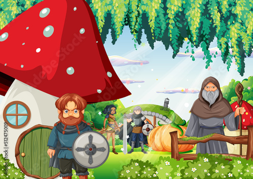 Enchanted scene with medieval cartoon characters