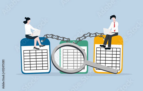 Data science and analytics for improving consumer engagement, corporate performance, and boosting revenue concept. Businessman and businesswoman working with linked data spreadsheets. 
