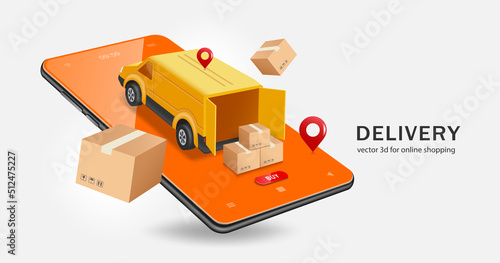 Delivery truck opens rear door to carry goods and parcels inside to deliver to customers based on the pins location and all object place on smartphone screen,vector 3d for delivery and online shopping