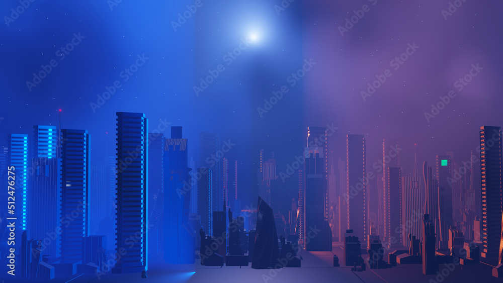 3d render of Cyber night city landscape concept. Light glowing on dark scene. Night life. Technology network for 5g. Beyond generation and futuristic of Sci-Fi Capital city and building scene.