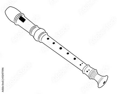 White Flute icon.recorder is a wind instrument made from a tube with holes along it that are stopped by the fingers. Vector Illustration isolated on white background.