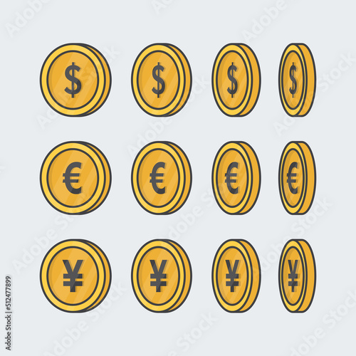 World Currency Money Coins Cartoon Vector Illustration. Currency Signs Of Different Countries Flat Icon Outline