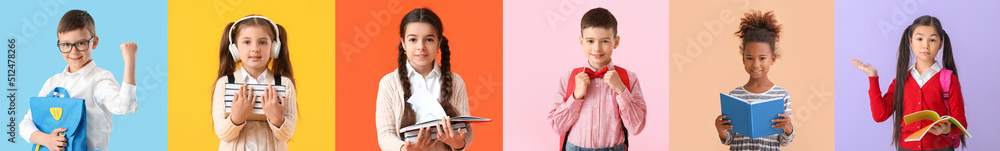 Group of cute little schoolchildren on colorful background