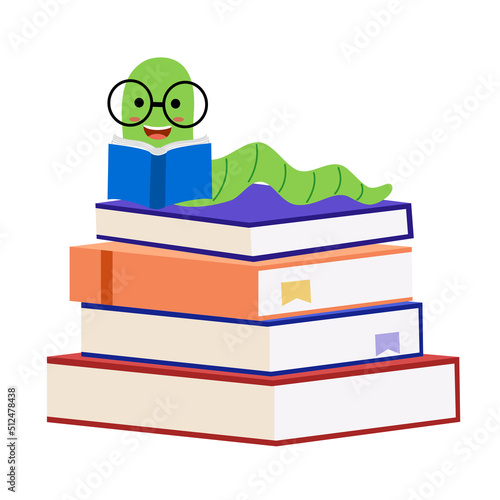 Read more books. Book worm in glasses reading on stack of books in flat design. Education concept vector illustration.
